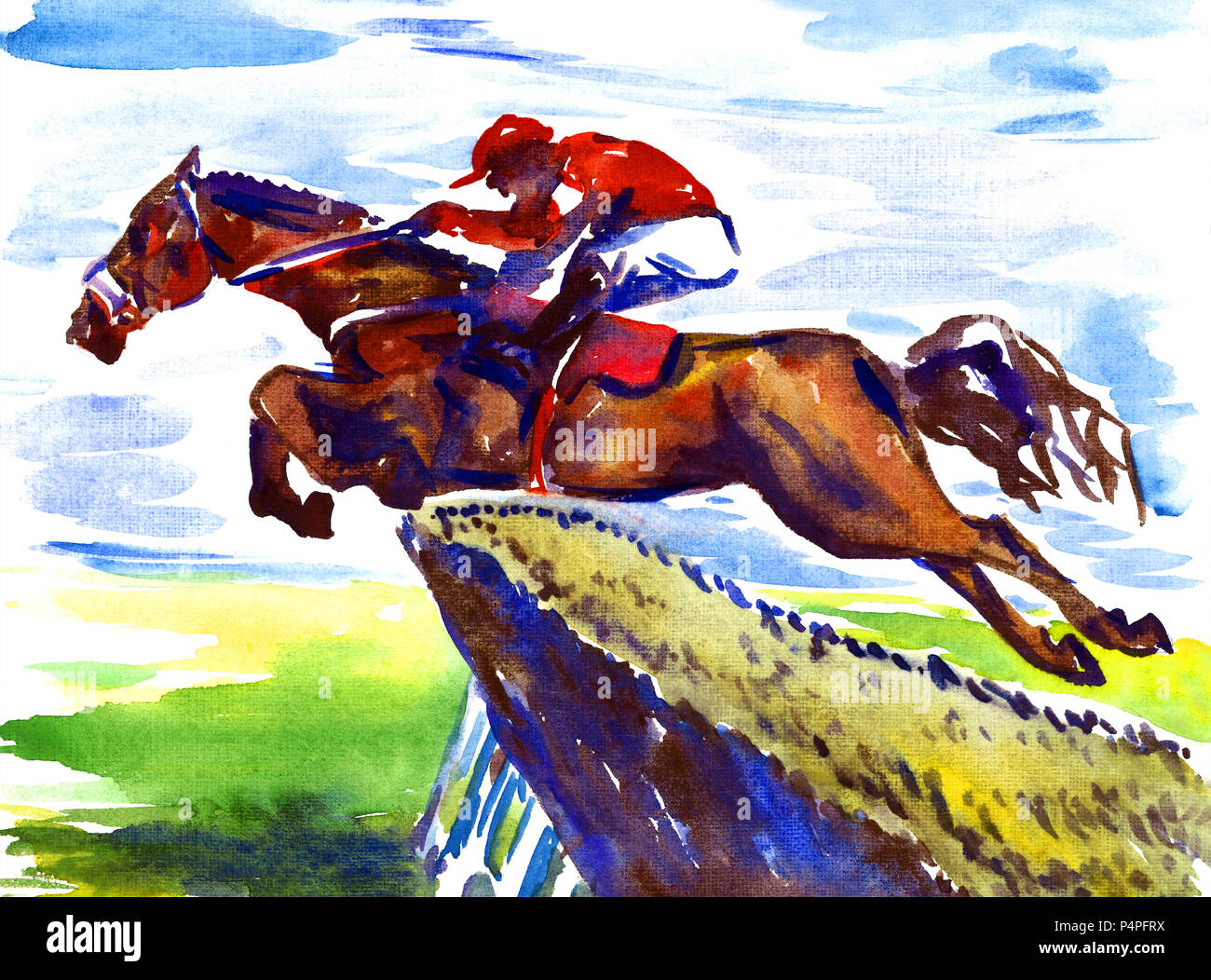 Auf Dem Pferd Springt Uber Ein Hindernis Springreiten Sport An Einem Sonnigen Sommertag Athlet Handgemalten Aquarell Abbildung Stockfotografie Alamy