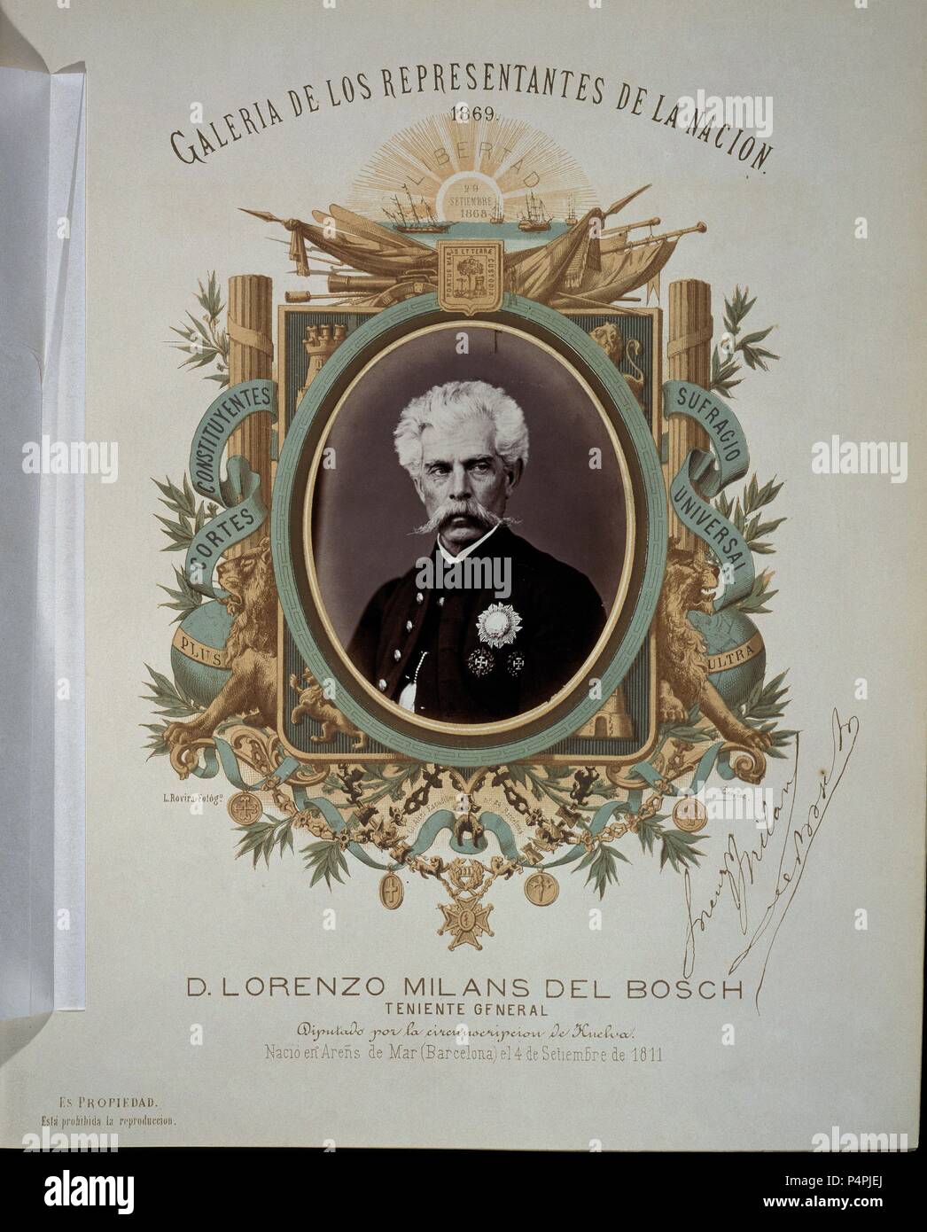 GALERIA DE REPRESENTANTES DE LA NACIÓN 1869 - DON LORENZO MILANS DEL BOSCH-DIPUTADO POR HUELVA. Lage: CONGRESO DE LOS DIPUTADOS - BIBLIOTECA, MADRID, SPANIEN. Stockfoto