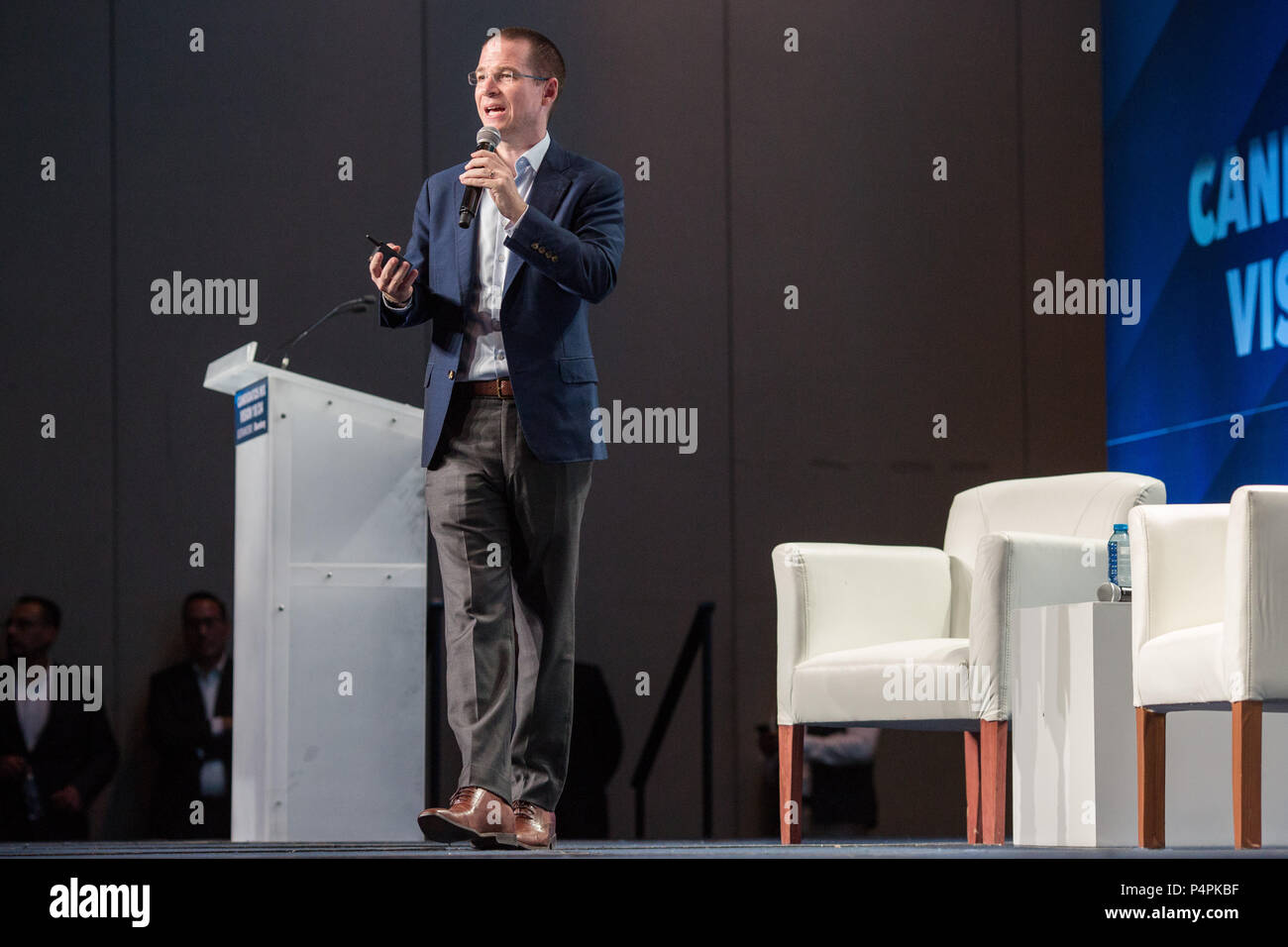 Ricardo Anaya, mexikanischen Präsidentschaftskandidaten der Partei der Nationalen Aktion (PAN), spricht auf ein Ereignis namens "ÔCandidates MX Vision 18/24 Õ Forum der Financiero und Bloomberg, Donnerstag, den 24. Mai 2018 in Mexiko City, Mexiko gehostet werden. Stockfoto
