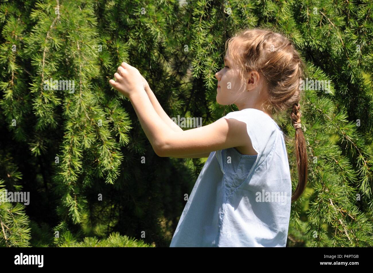 Schöne weiße blonde Mädchen, verwirrtes Haar, 8 Jahre alt, lächelnd und berühren Kiefer Niederlassungen in Park, selektiver Fokus, Nahaufnahme, Profil Portrait Stockfoto