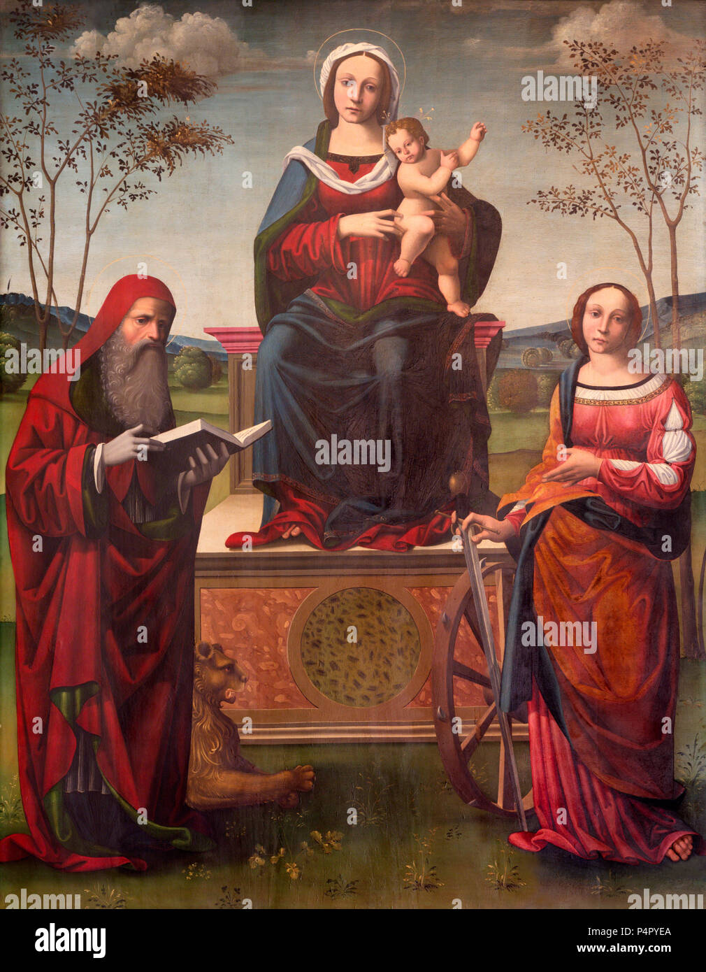 REGGIO EMILIA, Italien - 12. APRIL 2018: Die Malerei von Madonna auf dem trone mit dem Kind und st. Jerome und st. Catherine im Dome Stockfoto