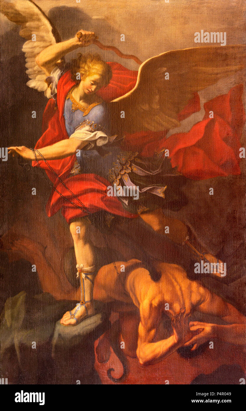 REGGIO EMILIA, Italien - 12. APRIL 2018: Die Malerei von Erzengel Michael in Duomo Kirche von Orazio Talami (1624 - 1708). Stockfoto