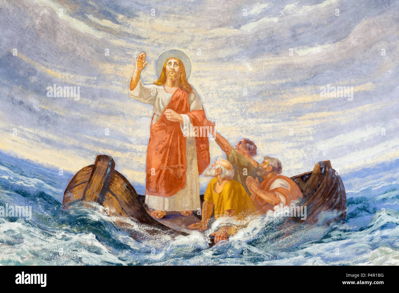 REGGIO EMILIA, Italien - 12. APRIL 2018: Die modernen Fresko Jesus den Sturm in der Kirche Chiesa di San Agostino beruhigt aus dem 20.Jh. Stockfoto