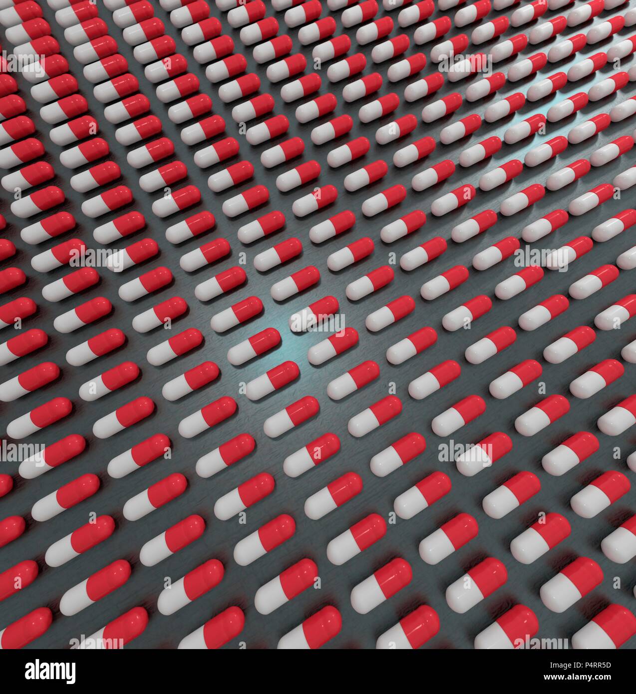 Computer Abbildung der Zeilen von schmerzmittel wie Paracetamol symmetrisch auf glänzende Oberfläche angeordnet. Stockfoto