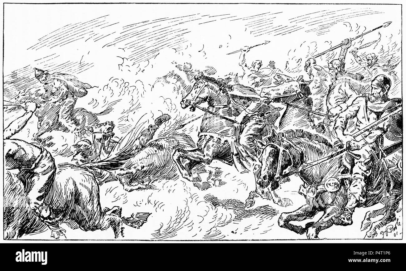 Gravur der Gallischen Kavallerie laden eine römische Legion während der gallischen Kriege. Von Caesars Gallischen Krieg, 1916. Stockfoto