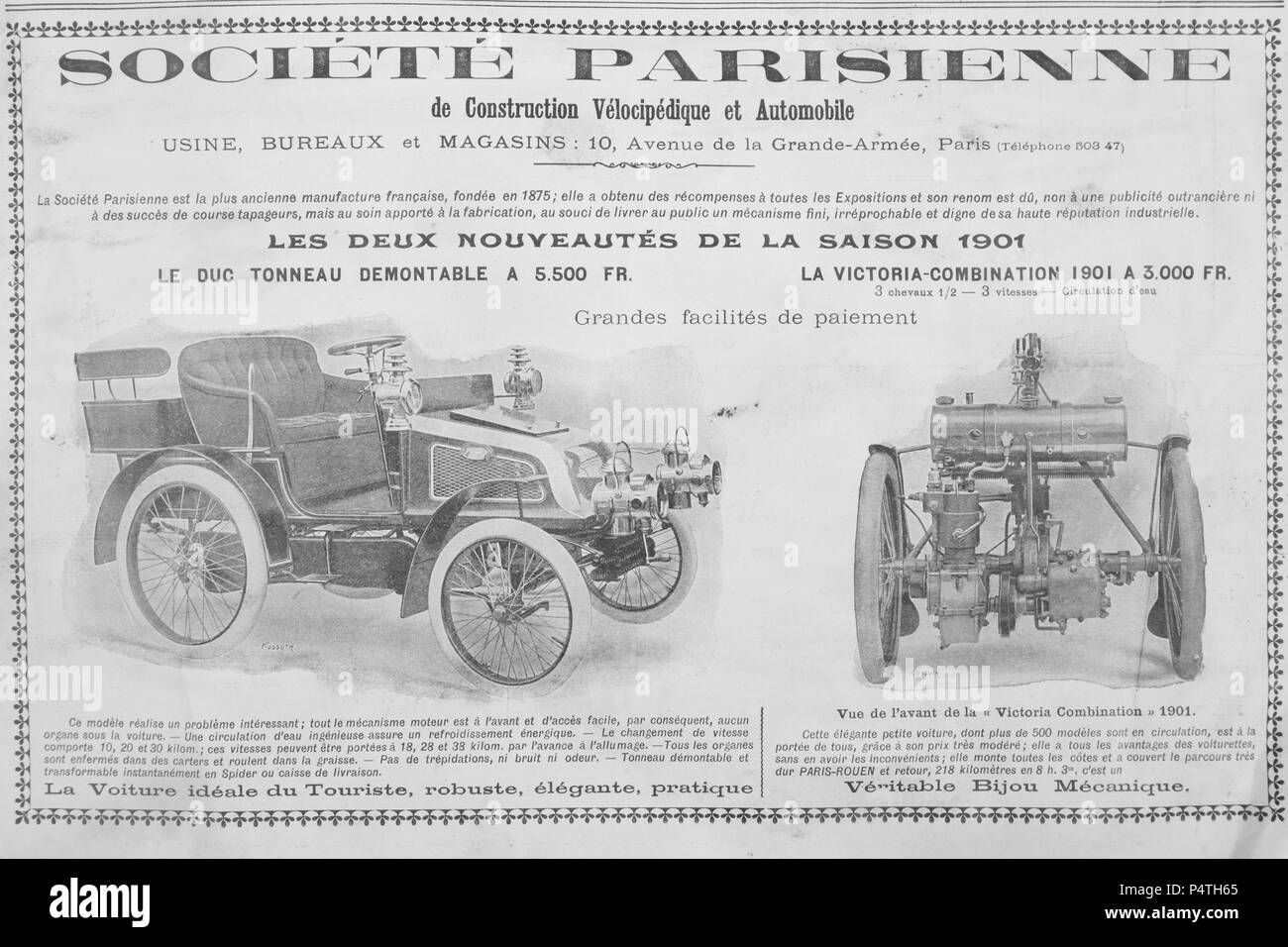 Alte französische Werbung über das Ende des 19. Jahrhunderts Autos aus einer Zeitung Stockfoto