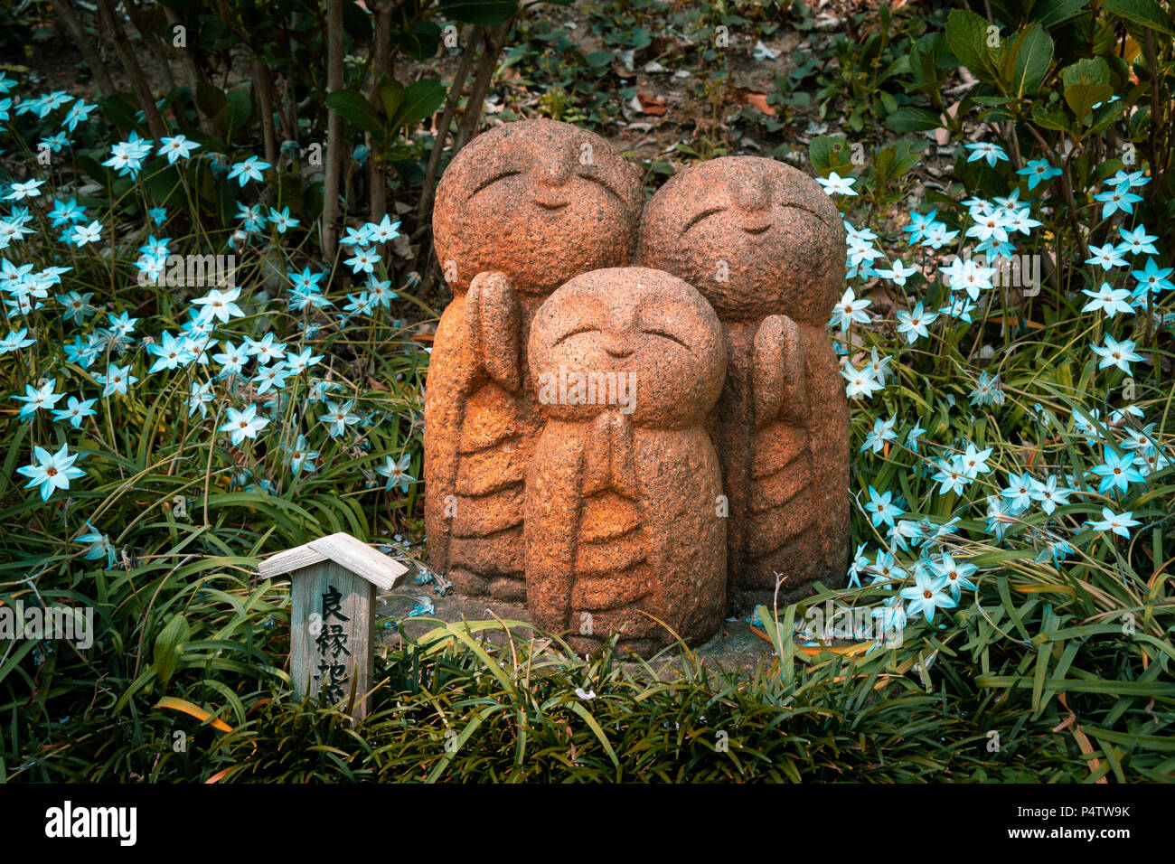 Beten Mini Mönche unter den Blumen Stockfoto