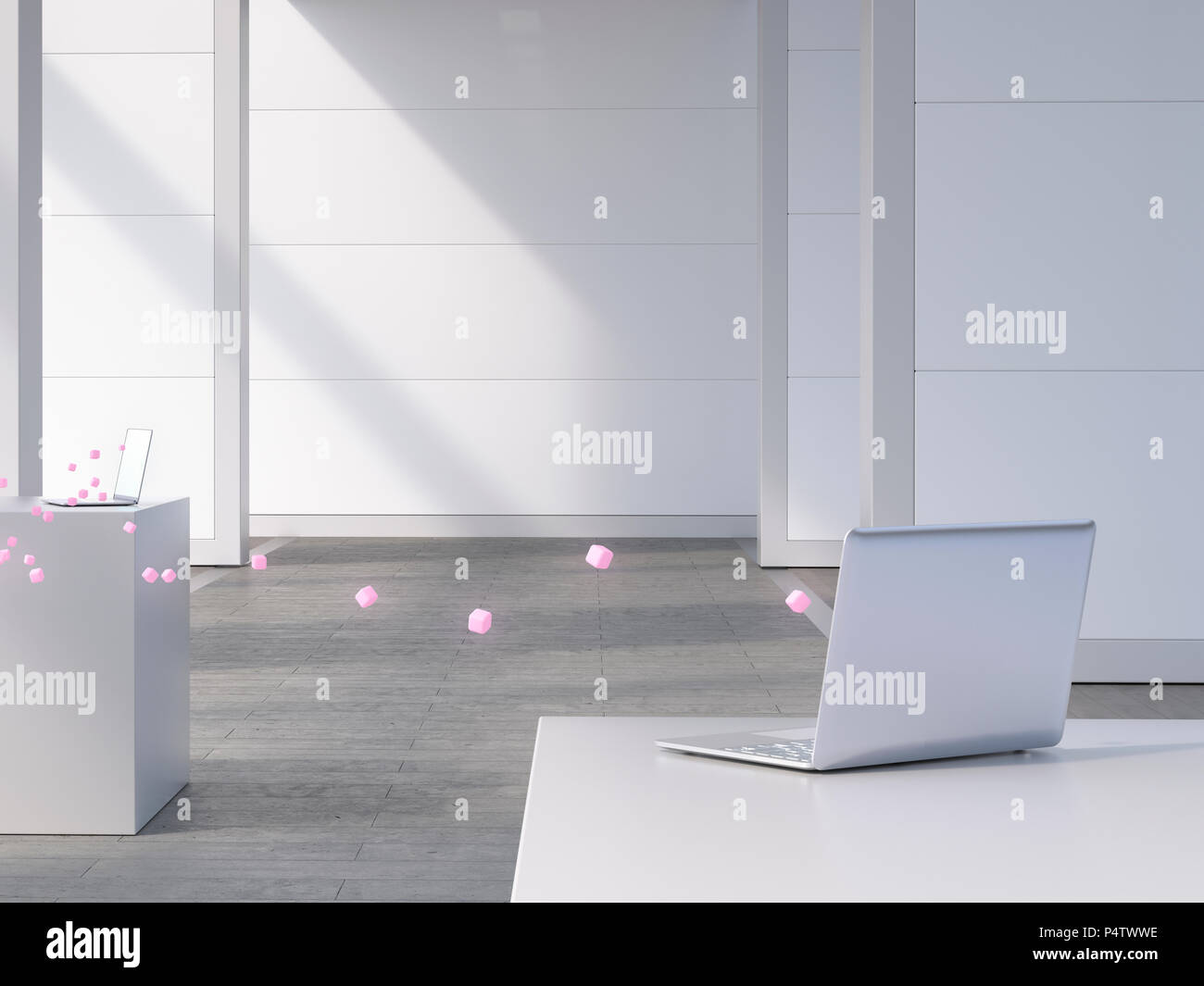Zwei Laptops mit rosa Würfel verbunden, 3D-Rendering Stockfoto