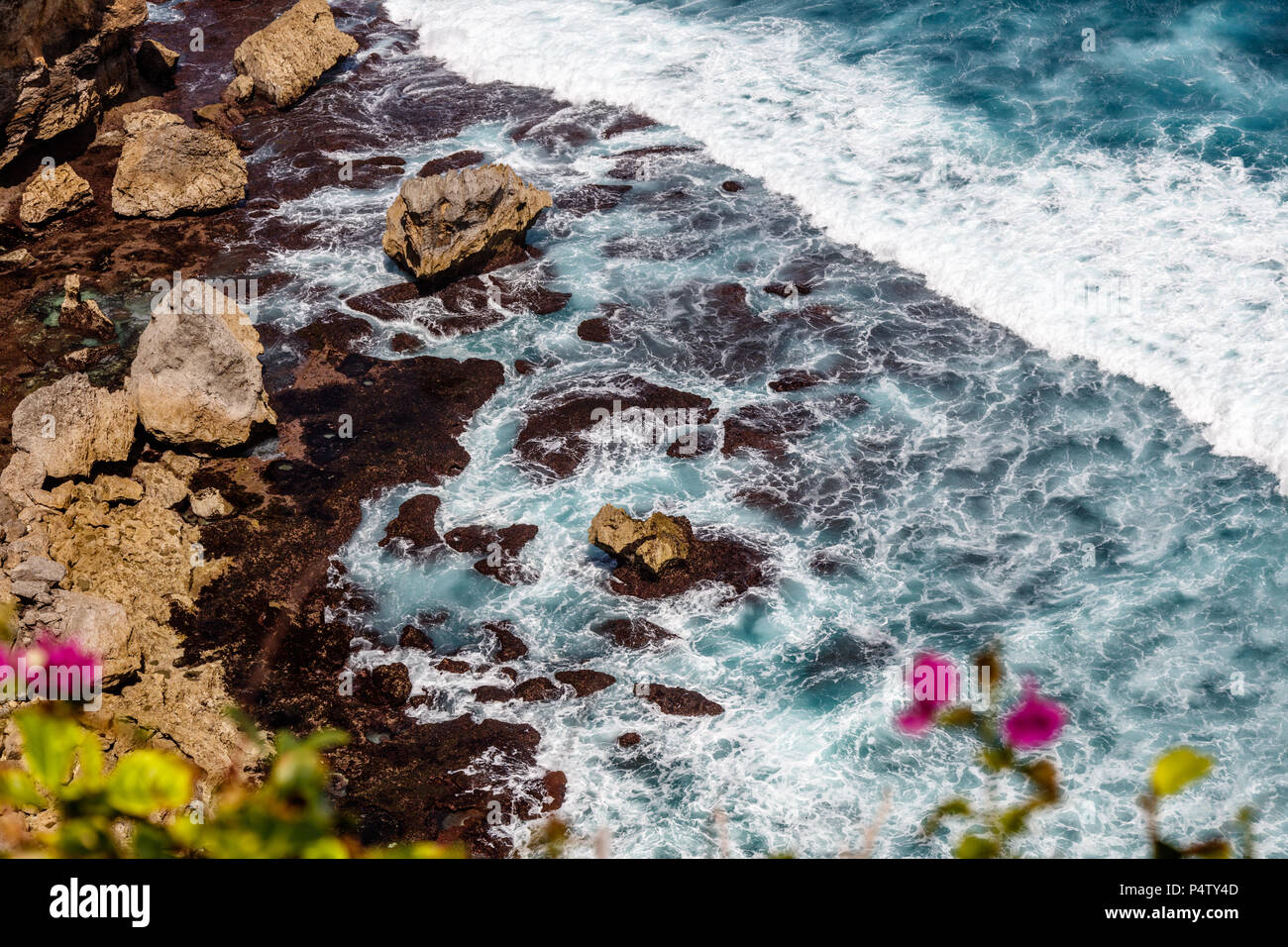 Wellen des Pazifischen Ozeans durch Bougainvillea Blüten. Uluwatu, Bali, Indonesien. Stockfoto