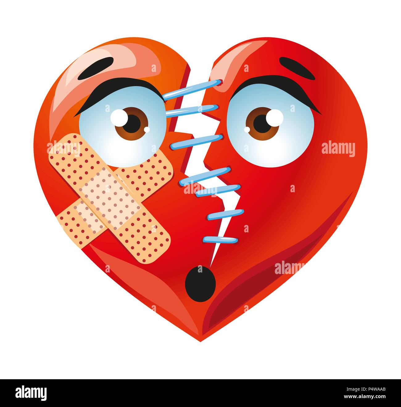Traurig gebrochene cute rot Herz mit Pflaster Cartoon Illustration  Stock-Vektorgrafik - Alamy