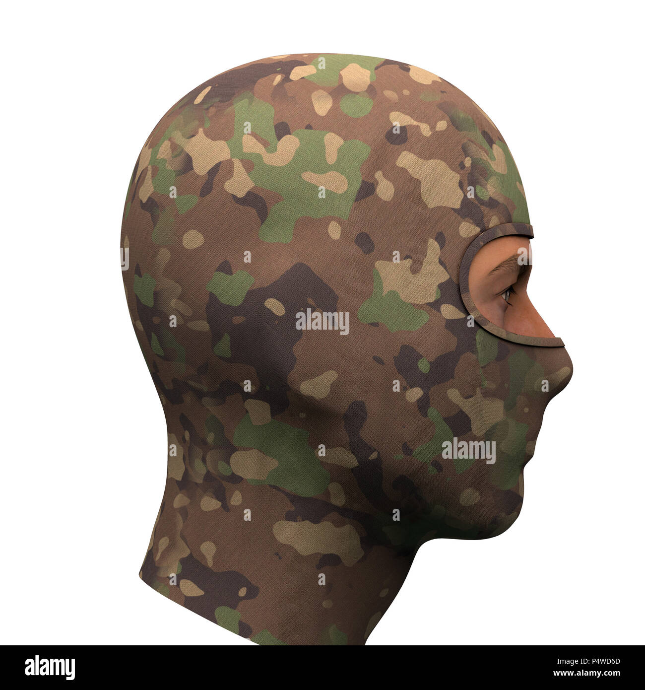 Camo Balaclava mask. Ausrüstung für Militär und Spezialeinheiten oder  Winter Sport. Camouflage woodland Farbe. Von der Seite. 3D-Render Abbildung  isoliert auf w Stockfotografie - Alamy