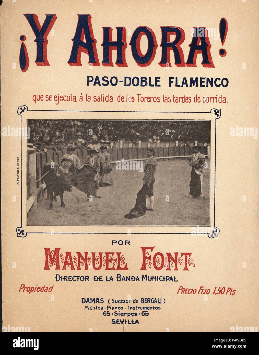 Partitura musikalische del pasodoble Flamenco¡Y Ahora!, Del Maestro Manuel Font. Años 1930. Stockfoto