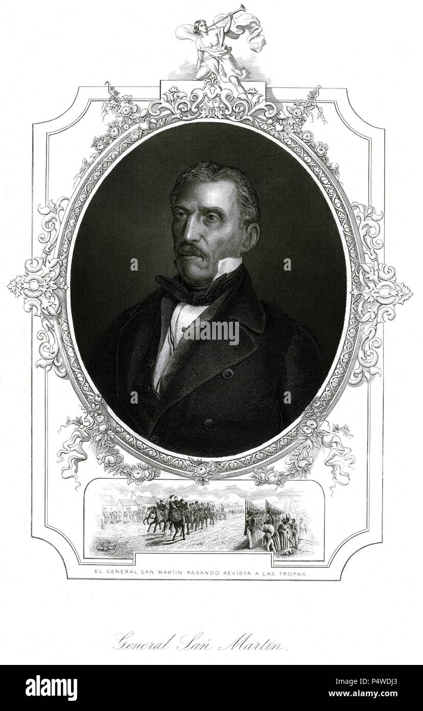 José de San Martín, "El Libertador" (1778-1850). Militar argentino con destacada presencia En Otros países sudamericanos. Grabado de 1860. Stockfoto