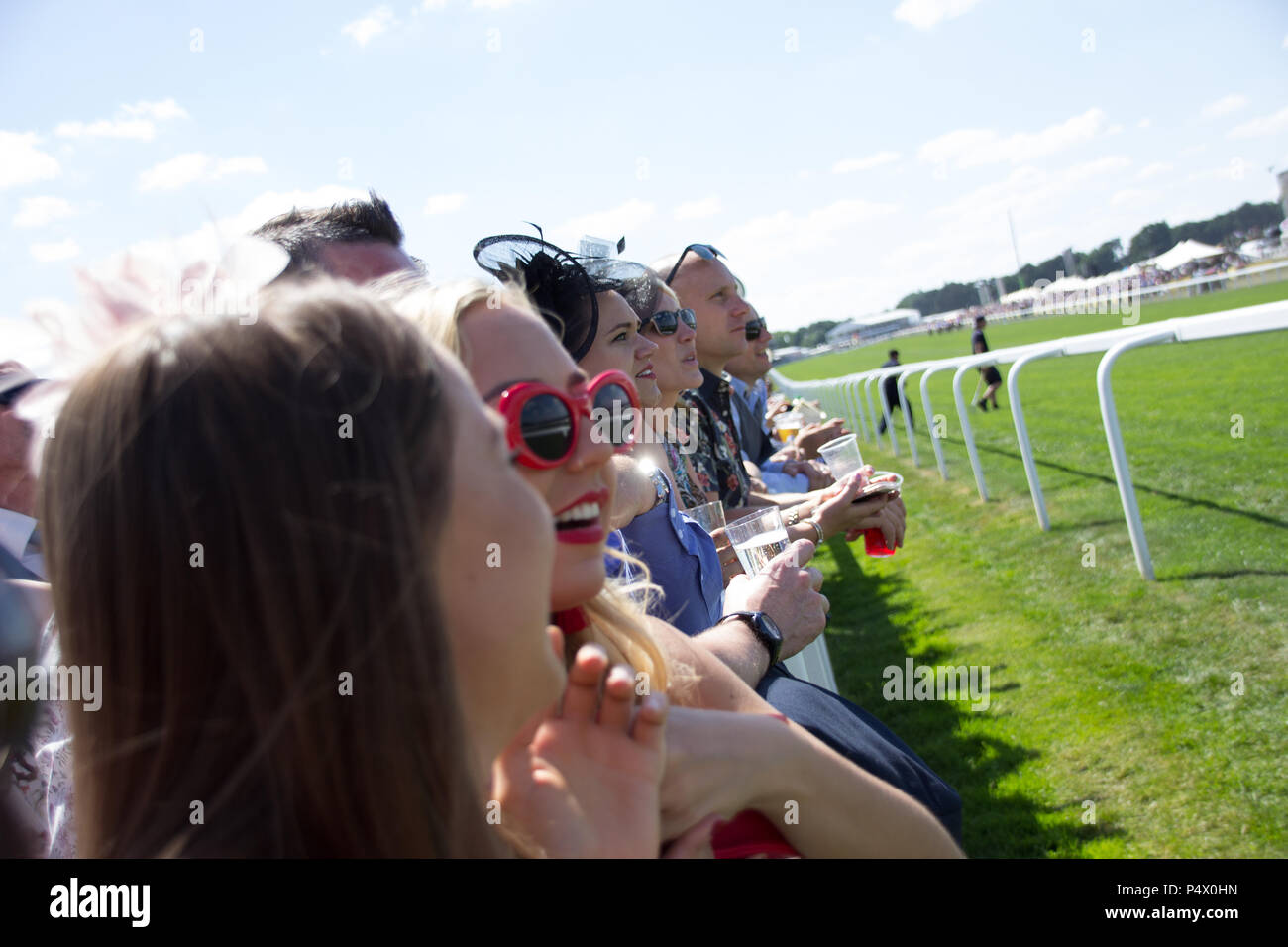 Rowdy Massen Beifall auf den Pferden an der Seite der Rennstrecke während Royal Ascot Schale Stockfoto