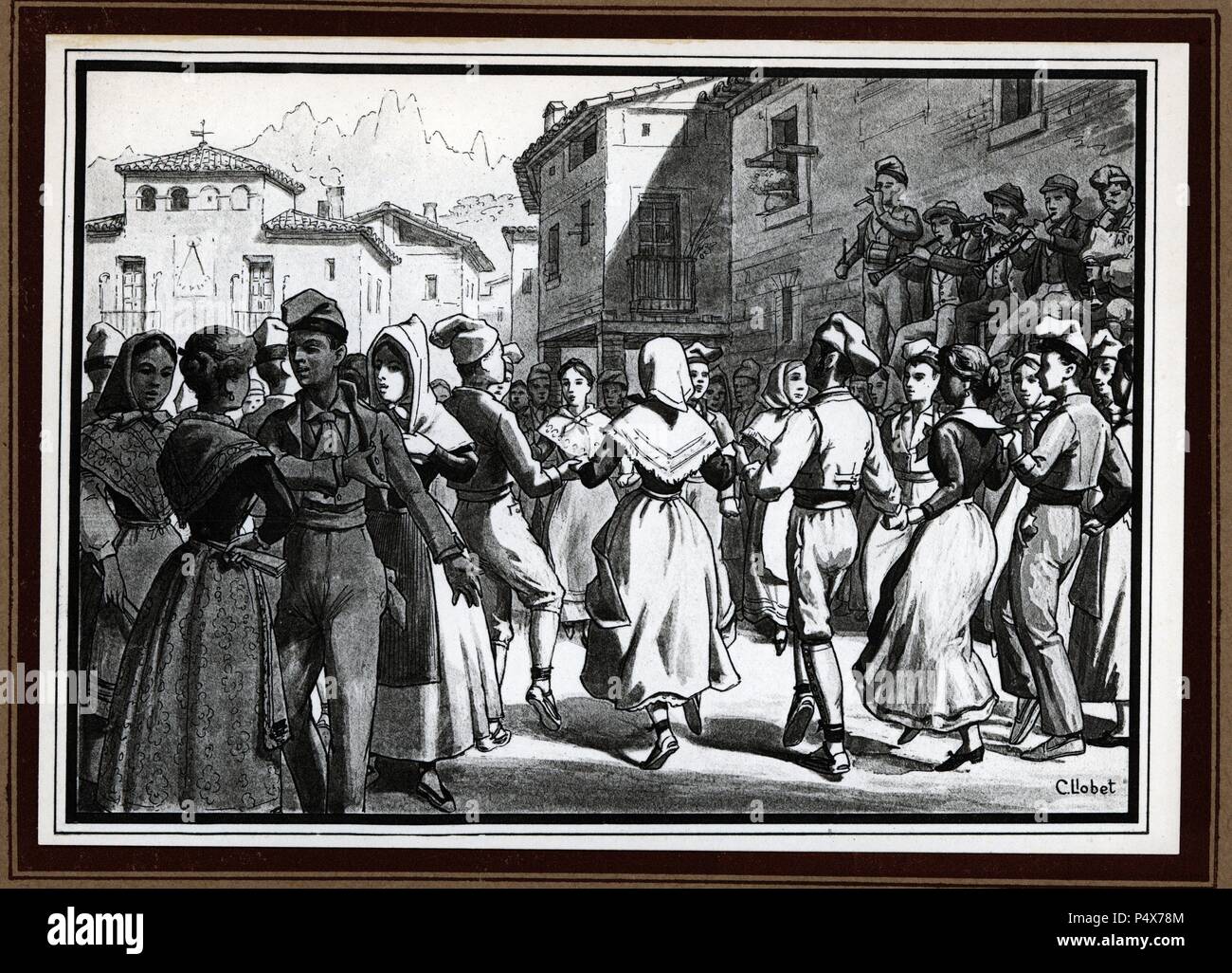 Sardana. Baile típico Regional de Catalunya. Monasterio de Montserrat. Grabado de 1929. Stockfoto