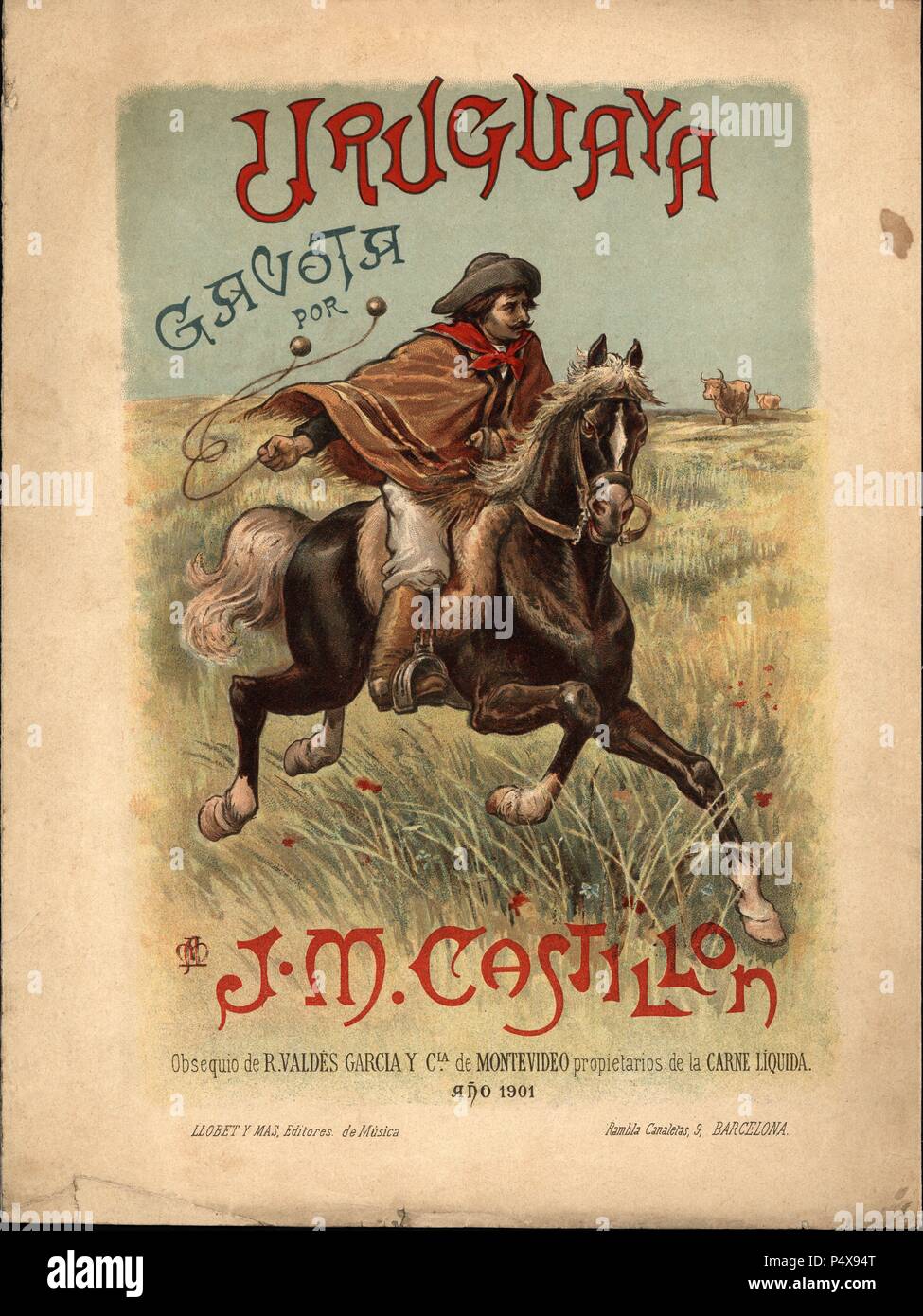 Partitura musical de la gavota' Uruguaya', Del Maestro J.M. Castillón. Dibujo de Apel · Les mestres ich Oñós (Barcelona, 1854-1936). Año 1901. Stockfoto