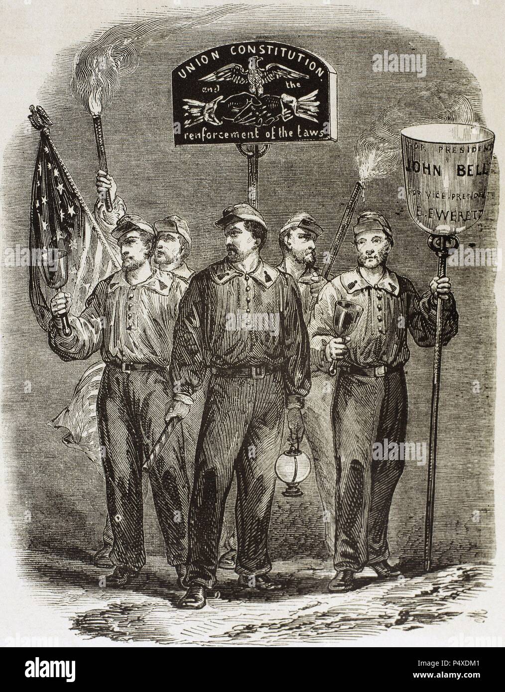 In den Vereinigten Staaten. Partei Anhänger von John Bell, Kandidat der konstitutionellen Union Party. Gravur von "L'Illustration Journal Universel, 1860. Stockfoto