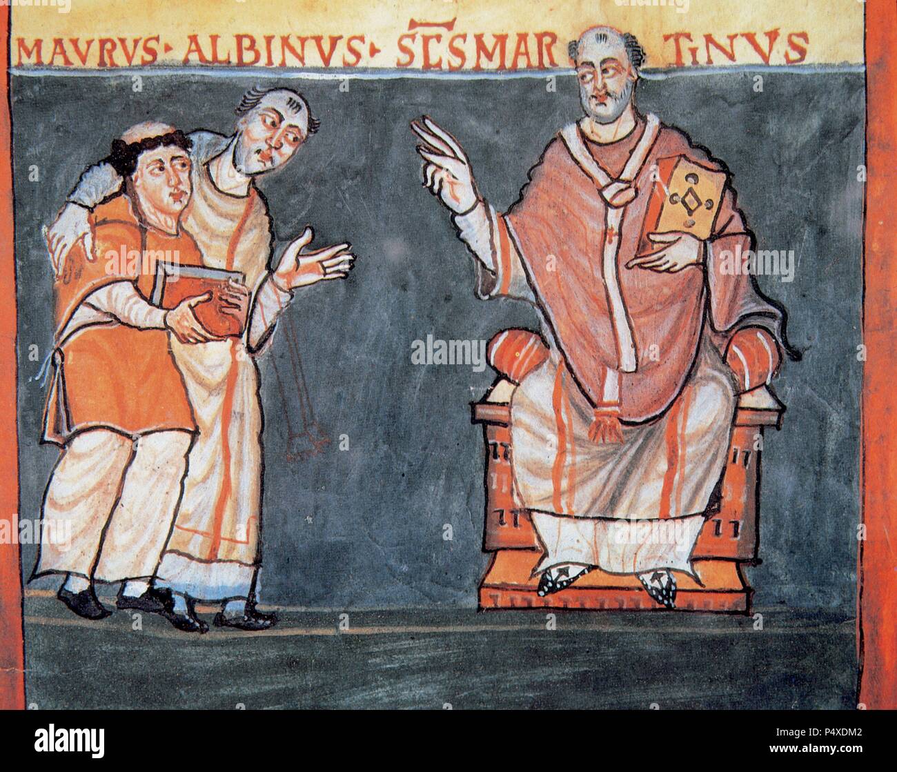 Alcuin von York, oder Ealhwine, Spitznamen oder Flaccus (730-804). Englisch Gelehrten, Geistlichen, Dichter und Lehrer von York, Northumbria. Alcuin präsentiert Rabanus Maurus zu St. Martin. Miniatur. Laude sanctae crucis (C. 850). Folio 2v. Vatikanische Bibliothek. Stockfoto