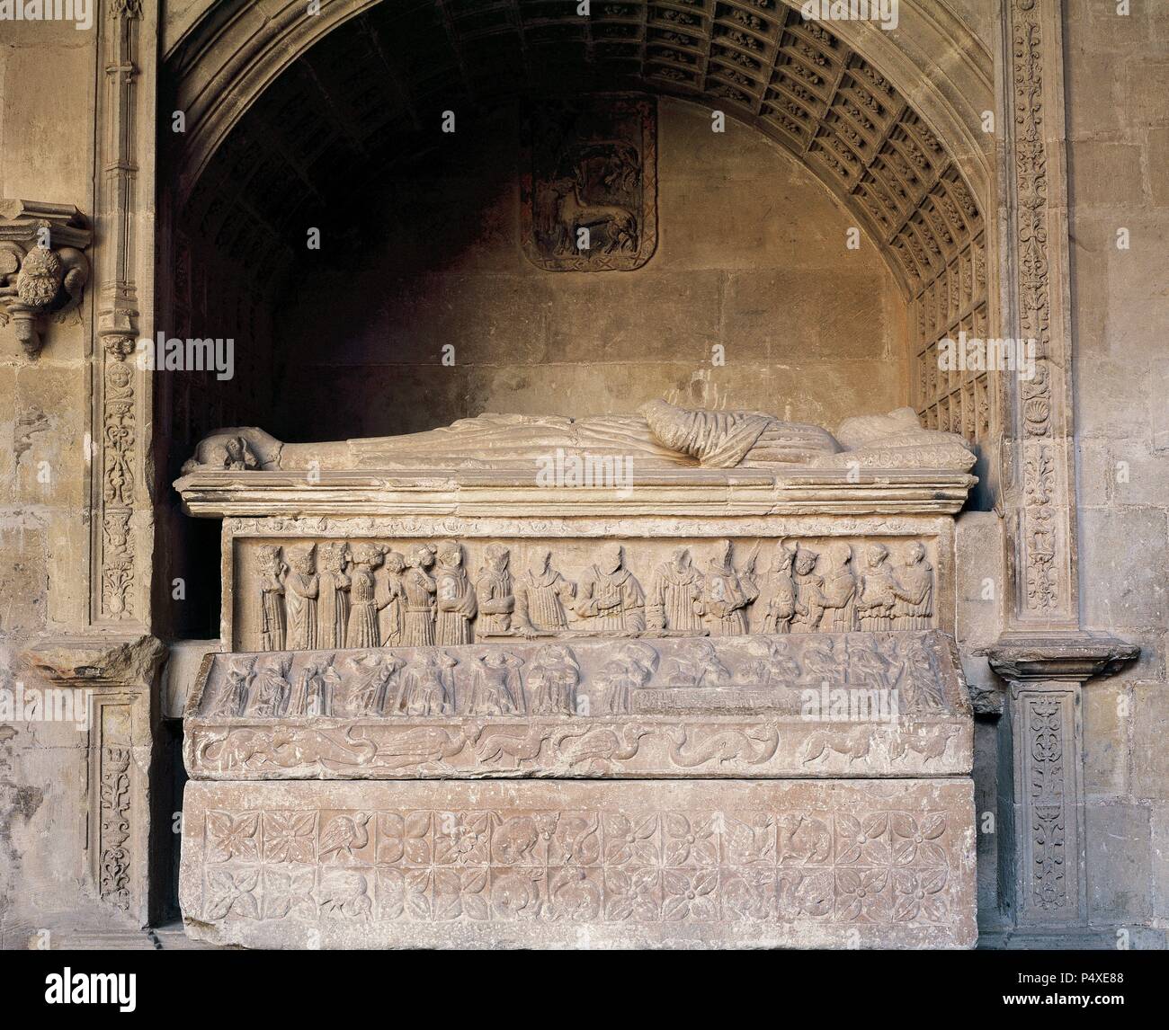 Gotische Kunst Mausoleum von Diego Lopez de Haro und den Sarg seiner Frau Toda Perez de Azagra. 15. Jahrhundert. Kirche Santa Mari a La Real. Na'Jera. La Rioja. Stockfoto
