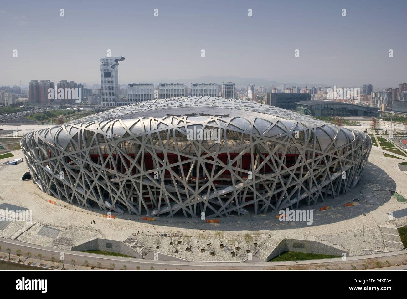 China. Beijing National Stadium (Vogelnest), gebaut für die Olympischen Spiele 2008 von Jacques Herzog und Pierre de Meuron. Konstruktion. Stockfoto