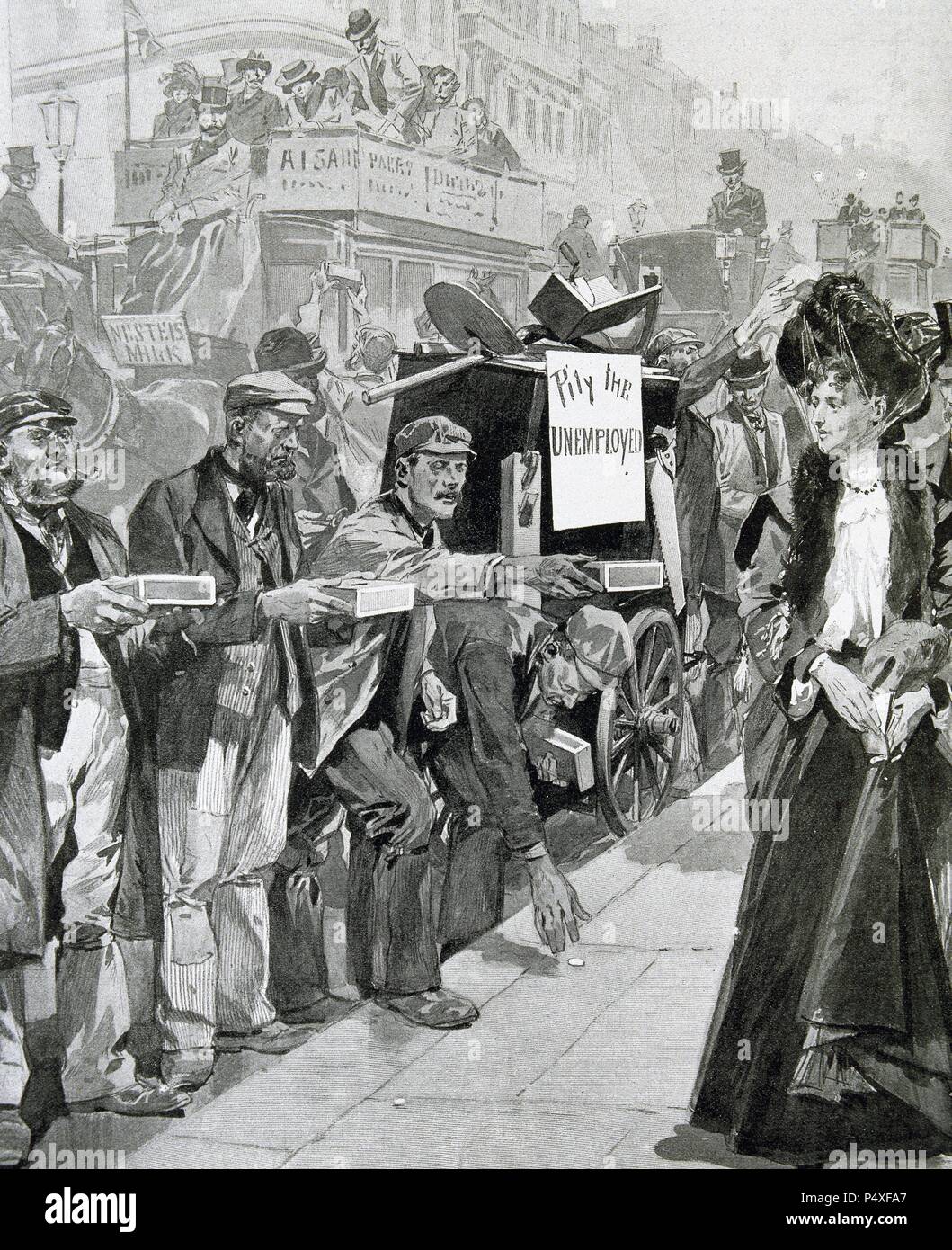 England. Wirtschaftskrise (1903). Arbeitslose um Almosen betteln auf den Straßen von London. Gravur in L'Illustration". Stockfoto