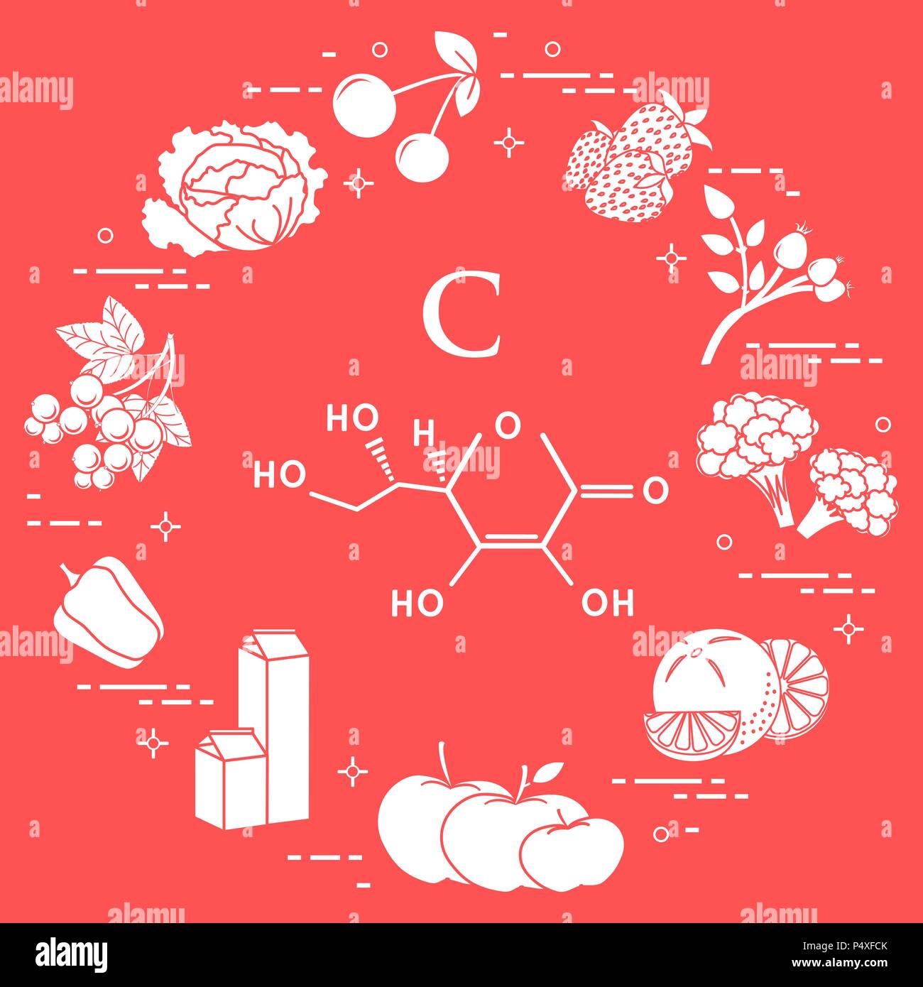 Lebensmittel, die reich an Vitamin C Kirsche, Erdbeere, Dog Rose, Blumenkohl, Orangen, Äpfel, Milch, Milchprodukte, Paprika, Schwarze Johannisbeeren, Kohl. Stock Vektor