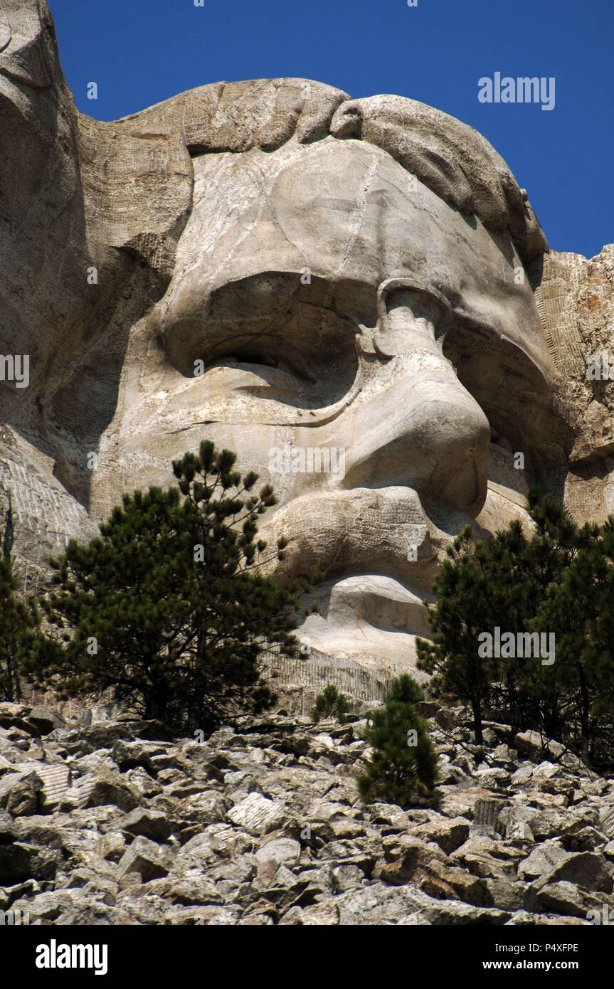 In den Vereinigten Staaten. Das Mount Rushmore National Memorial. Köpfe der Vereinigten Staaten geschnitzt in Mount Rushmore. Detail. Theodore Roosevelt. 1927-1941. Von Gutzon Borglum und Lincoln. Keystone. Stockfoto