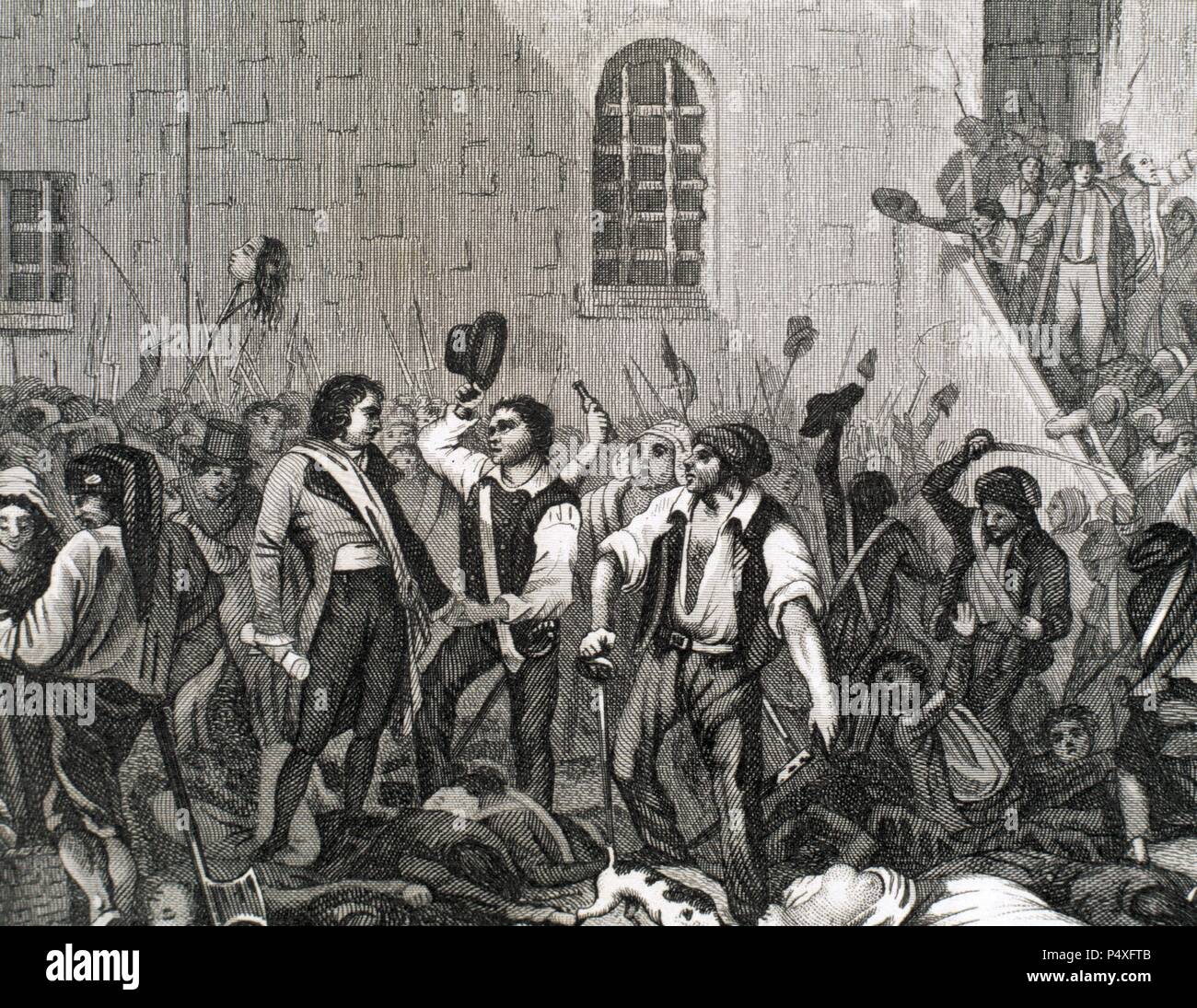 Französische Revolution. Ausführung von Klerikern und Häftlinge von den Mitgliedern der Paris Kommune. September 1792. Gravur. des 19. Jahrhunderts. Stockfoto