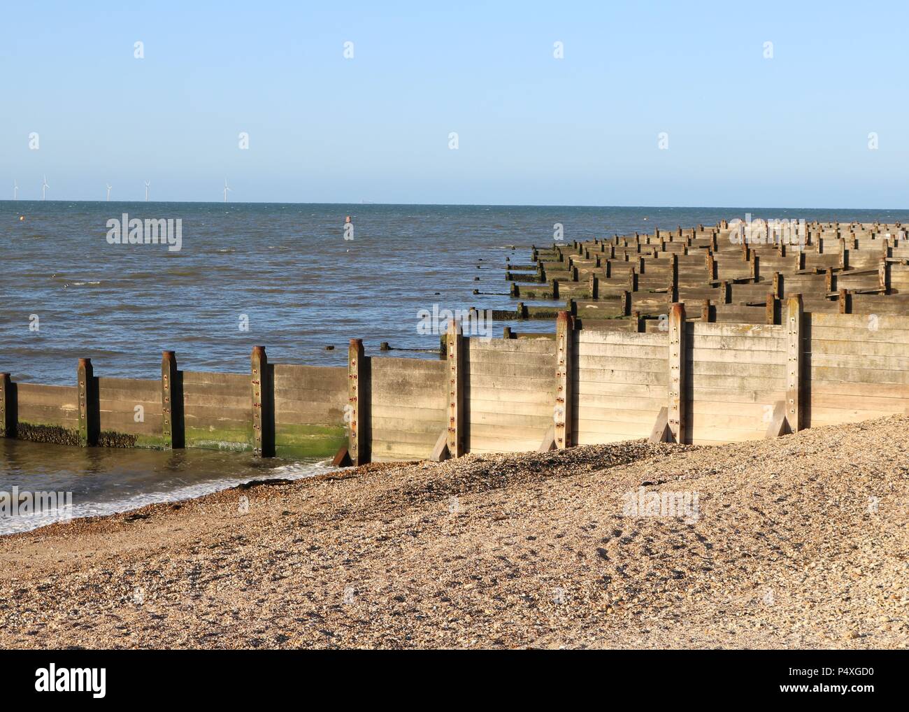 Buhnen am Strand Whitstable, Kent Stockfoto