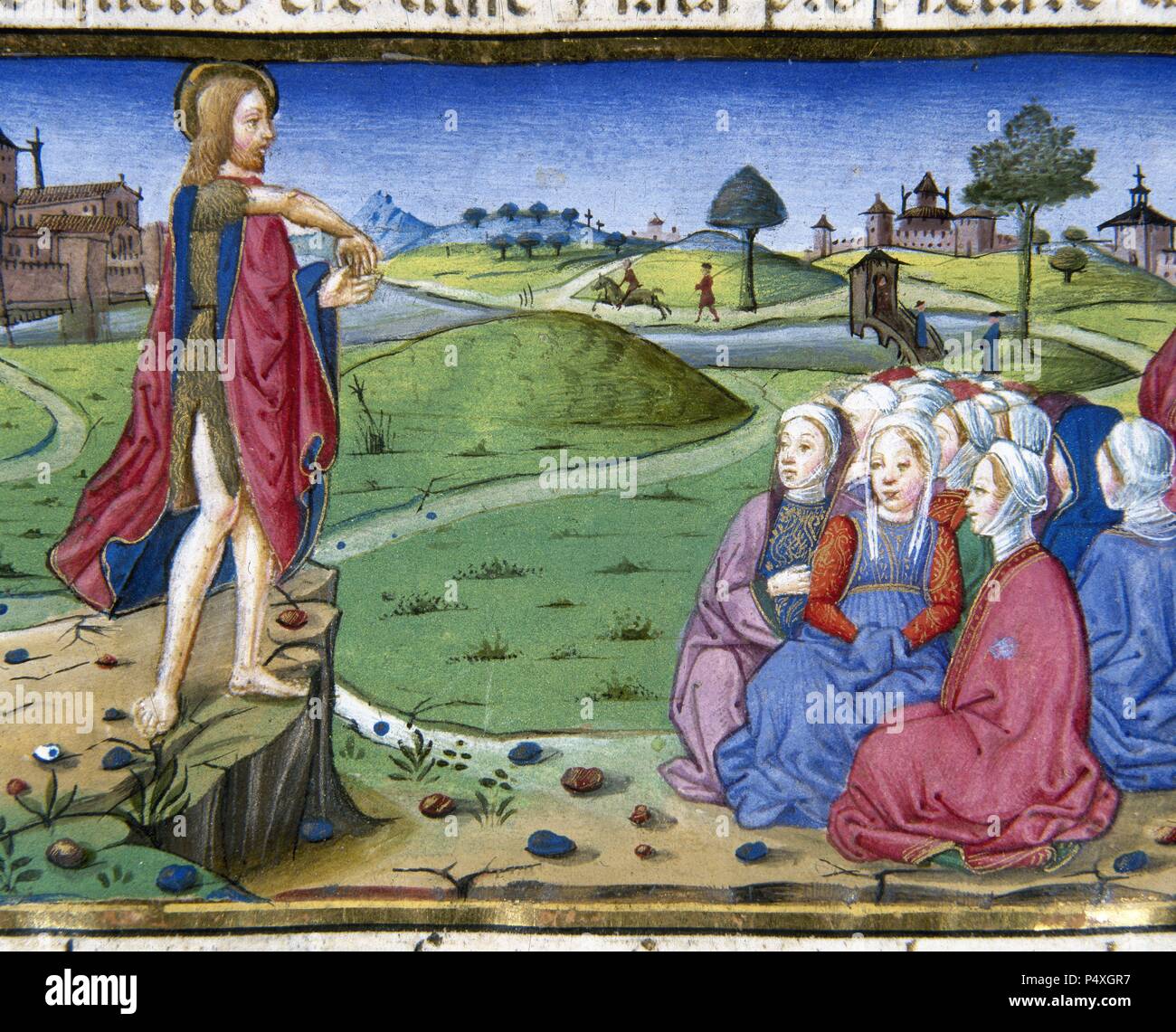 Johannes predigt und tauft. Codex von Predis (1476). Königliche Bibliothek. Turin. Italien. Stockfoto