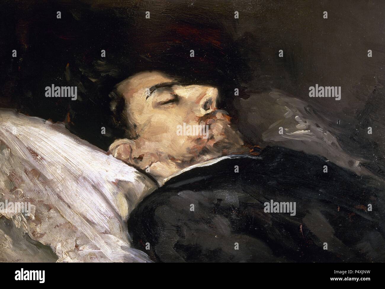 BECQUER, Gustavo Adolfo (Sevilla, 1836 - Madrid, 1870). Poeta Español, uno de Los más Grandes representantes del romanticismo. Autor de' Rimas' (1858), y de 'Cartas literarias a Una Mujer y Cartas desde mi celda "que Datan del periodo de Bürgermeister fecundidad (1861-1866) "Bécquer en su Paisaje de Muerte', de A. Palmaroli. Museo Romántico. Madrid. España. Stockfoto