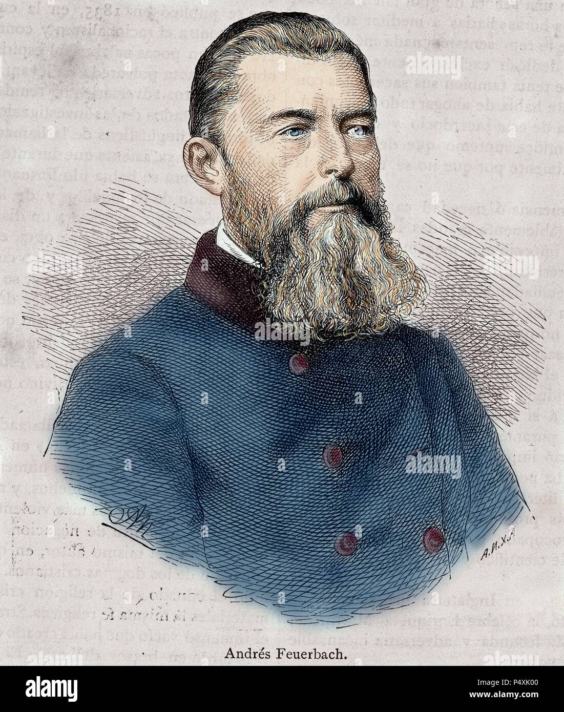 Feuerbach, Ludwig (1804-1872) deutscher Philosoph. Kupferstich von A. Newmann Ätzen. Gefärbt. Stockfoto