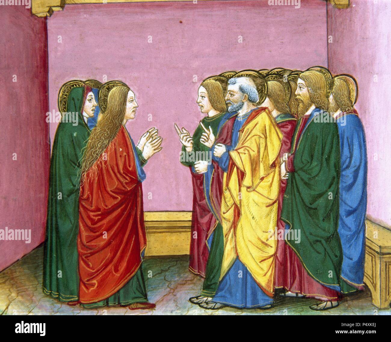 Die drei Marien verkünden die Jünger, dass Jesus auferstanden ist. Codex von Predis (1476). Königliche Bibliothek. Turin. Italien. Stockfoto