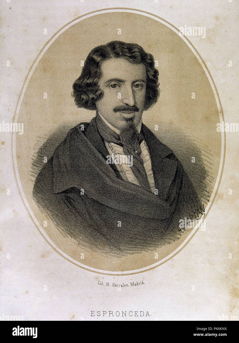 ESPRONCEDA, José de (Almendralejo, 1808 - Madrid, 1842). Poeta romántico Español. Escribió, entre otras Obras: 'Canciones', 'El estudiante de Salamanca", "eine Jarifa 'y' Poesías'. Grabado. Stockfoto