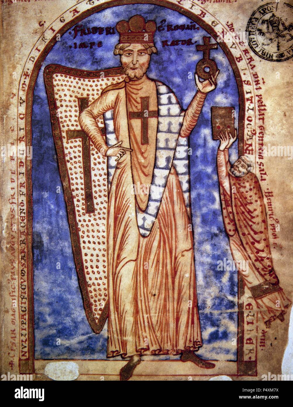 Friedrich I Barbarossa (1122-1190). Kaiser des Heiligen Römischen Reiches (1152-1190). Ein Schreiber gibt einen Codex an den Kaiser. Miniatur. 12. Jahrhundert. Von Robert, einem Mönch von Reims. Geschichte von Jerusalem. Fol. 1. Vatikanischen Apostolischen Bibliothek. Italien. Stockfoto