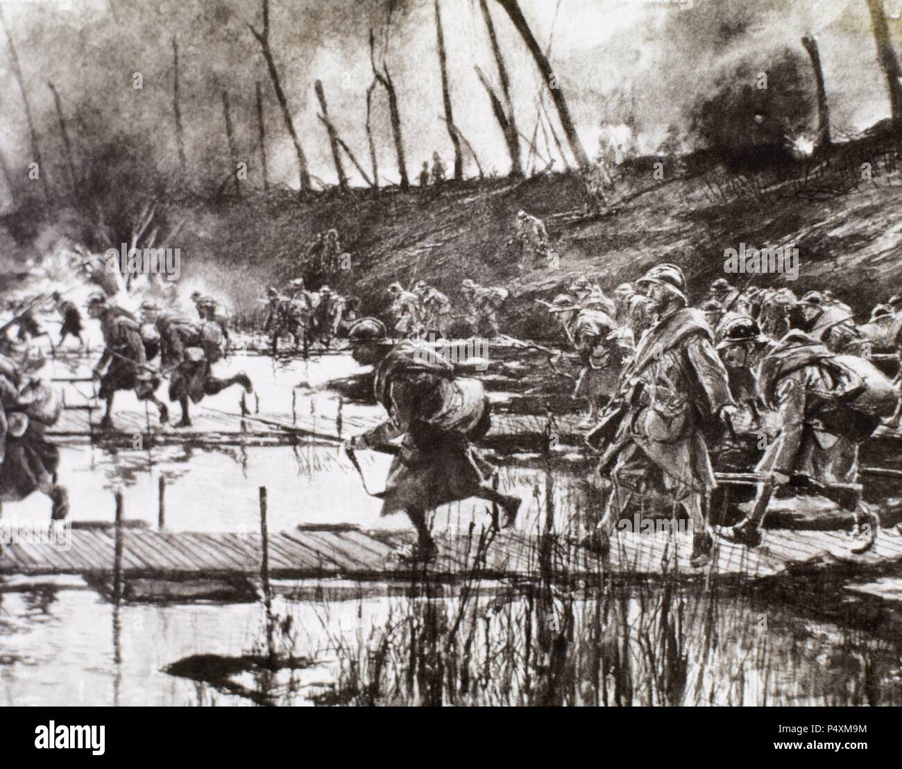 ERSTER WELTKRIEG (1914-1918). Französische Armee überquert den Fluss Isere auf improvisierten Gateways unter feindlichem Feuer (August 1917 in Frankreich). Stockfoto