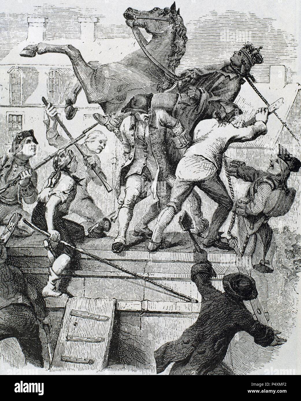 Vereinigten Staaten. Amerikanischen Unabhängigkeitskrieg (1775-1783). Amerikanische revolutionäre Sturz der Statue des englischen Königs George III., der nach abgesichert werden, in Munition für die Armee von General Washington umgewandelt wurde. Gravur. Stockfoto
