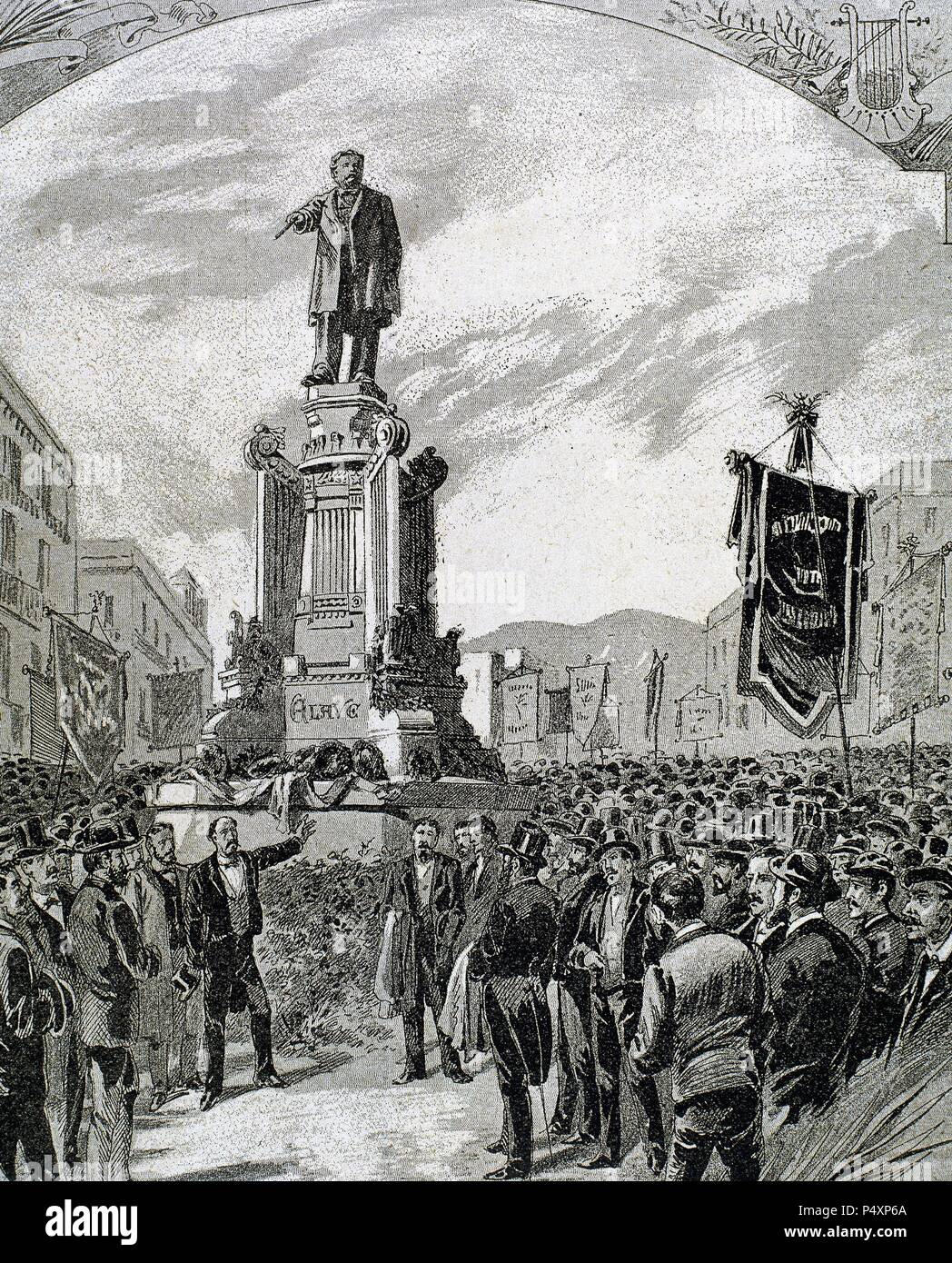 Josep Anselm Clave (1824-1874). Katalanischer Dichter, Politiker, Komponist und Musik. Demonstration zu Ehren von Anselm Clave. Zeichnung von Serra Pausas. Stockfoto