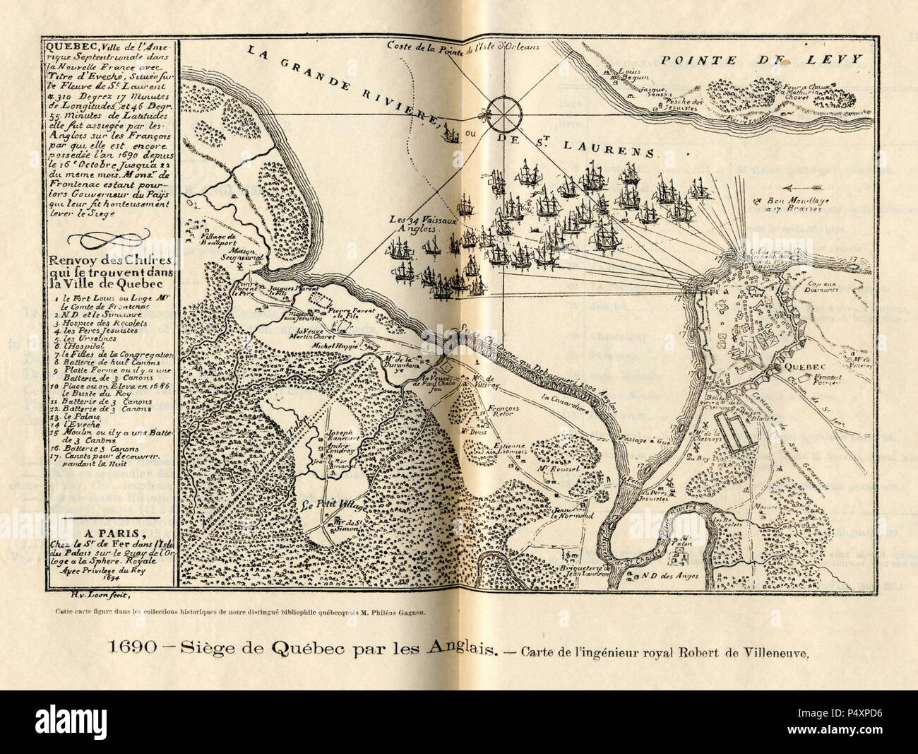 1690 Belagerung De Quebec Par Les Anglais Carte De L Ingenieur Royal Robert De Villeneuve Stockfotografie Alamy