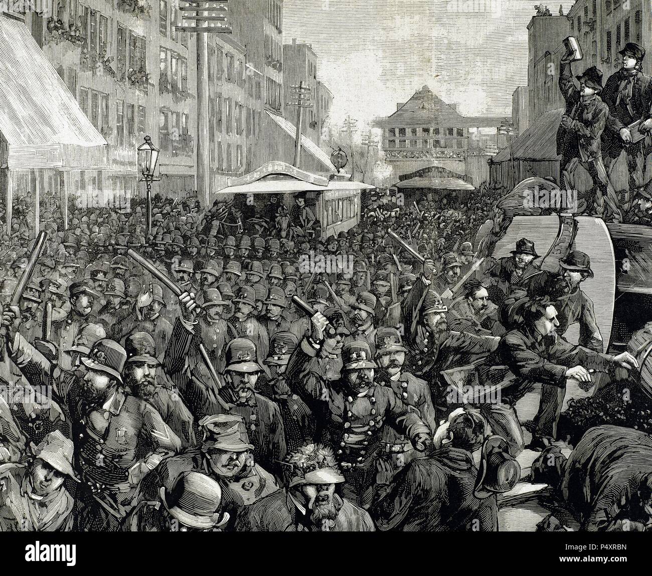 Polizisten den Streik der Mitarbeiter der Straßenbahn in New York, 4. März 1886 dispergieren. Gravur. Stockfoto