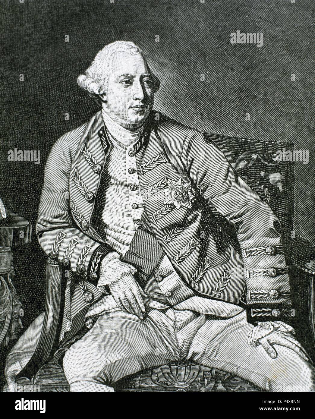 George III (London, 1738 - Windsor, 1820). König von Großbritannien und Irland (1760-1820), Kurfürst (1760-1814) und König von Hannover (1814-1820), Enkel und Nachfolger von Georg II. Gravur. Stockfoto