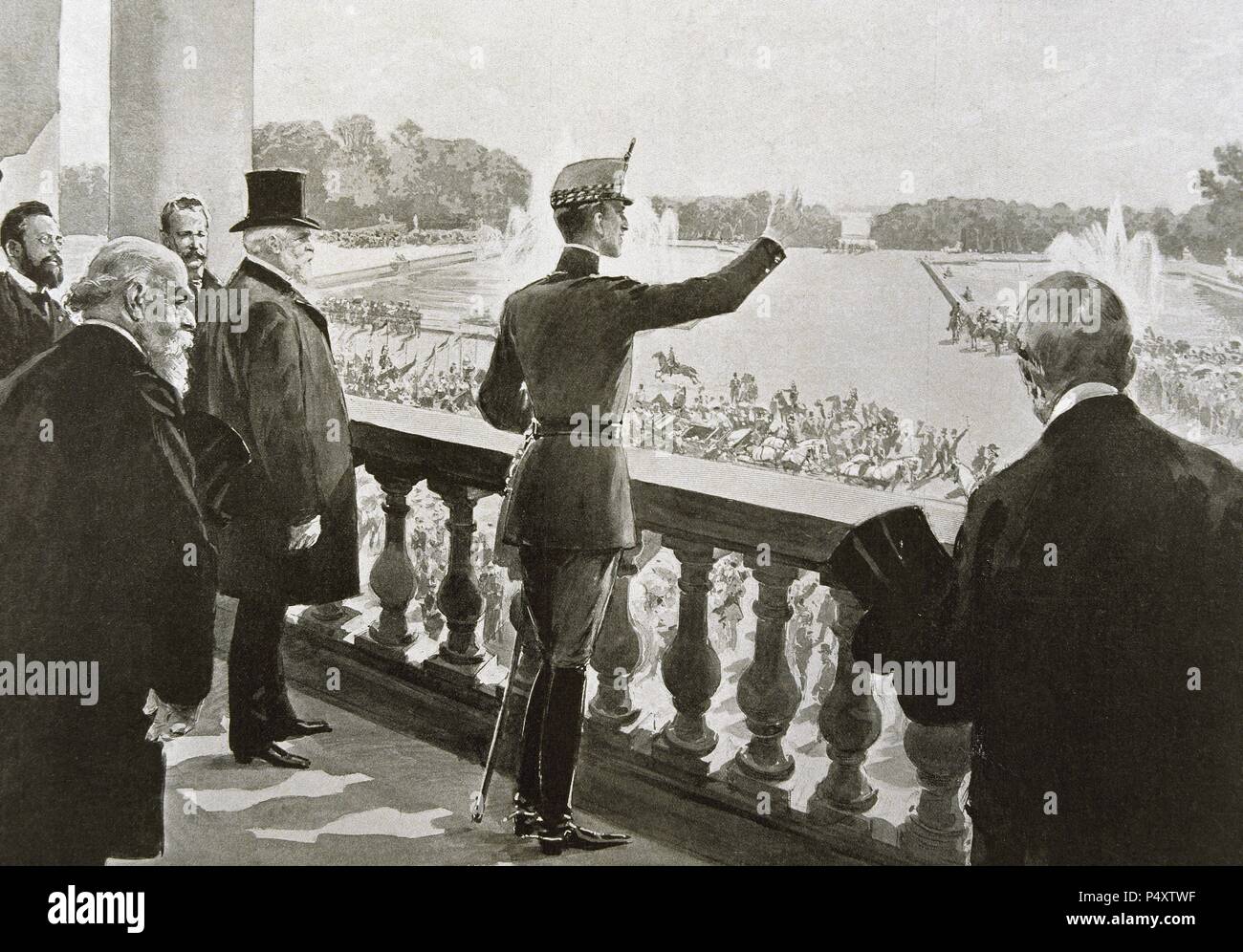 ALFONSO XIII (1886-1941). Rey de España (1886-1931). "ALFONSO XIII EN VERSALLES". "L'Illustration" (año 1905). Stockfoto