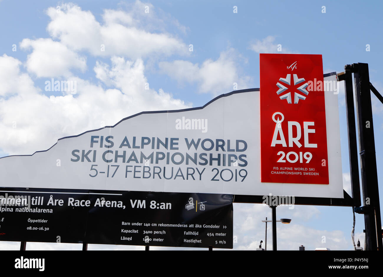 Sind, Schweden - 20. Mai 2016: Zeichen an der Rasse Arena, für die 2019 FIS Alpine Ski WM 5-17. Februar Stockfoto