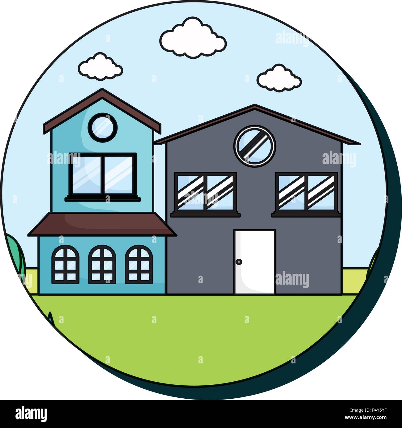 Im Kreis Form mit traditionellen Häusern in einer Landschaft mit weißem Hintergrund, Rahmen, farbenfrohen Design. Vector Illustration Stock Vektor