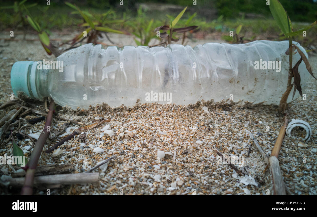 Leer single use Plastikflasche gewaschen oben am Strand Stockfoto