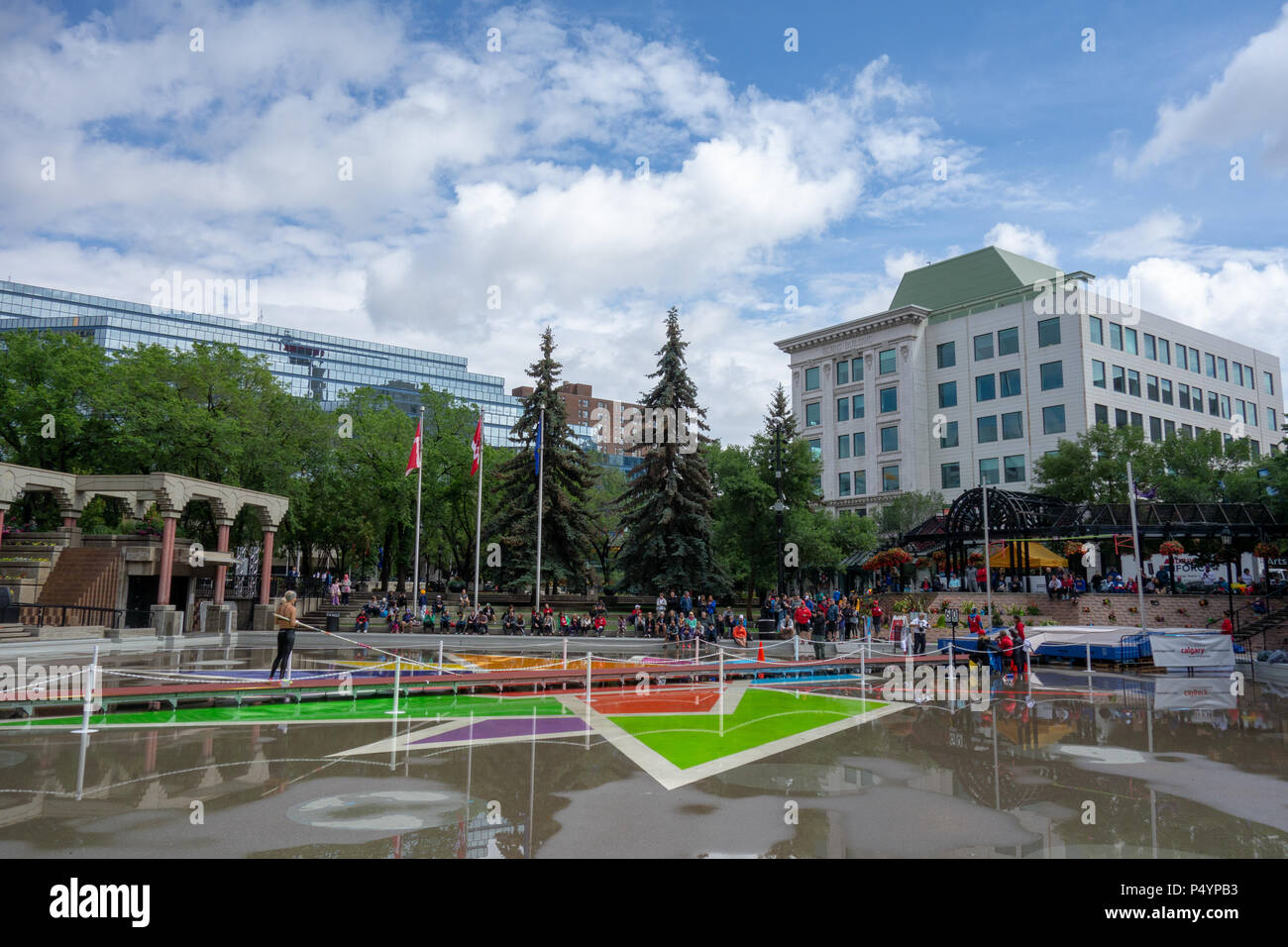 Alberta, Kanada. 23. Juni 2018. Stabhochsprung Veranstaltungsort an der Schiene Übernahme, Olympic Plaza, in der Innenstadt von Calgary, Alberta, Kanada. Credit: M.J. Daviduik/Alamy leben Nachrichten Stockfoto