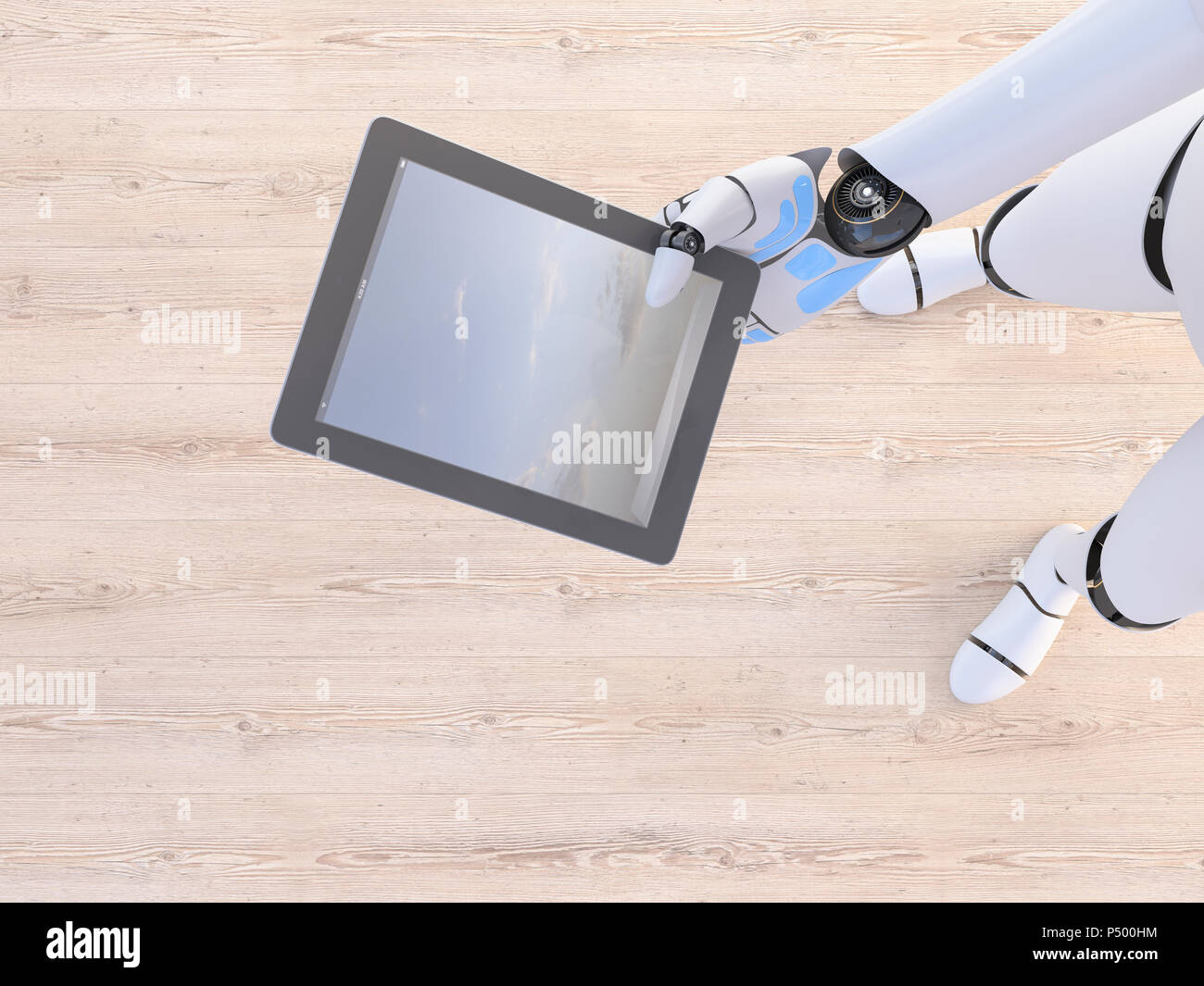 Roboter holding Tablet in der Hand, 3D-Rendering Stockfoto