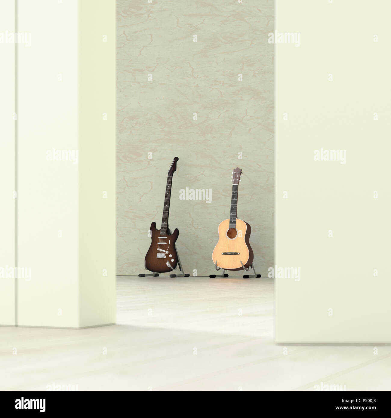 Gitarren in einem Raum hinter Ajar (Tür, 3D-Rendering Stockfoto