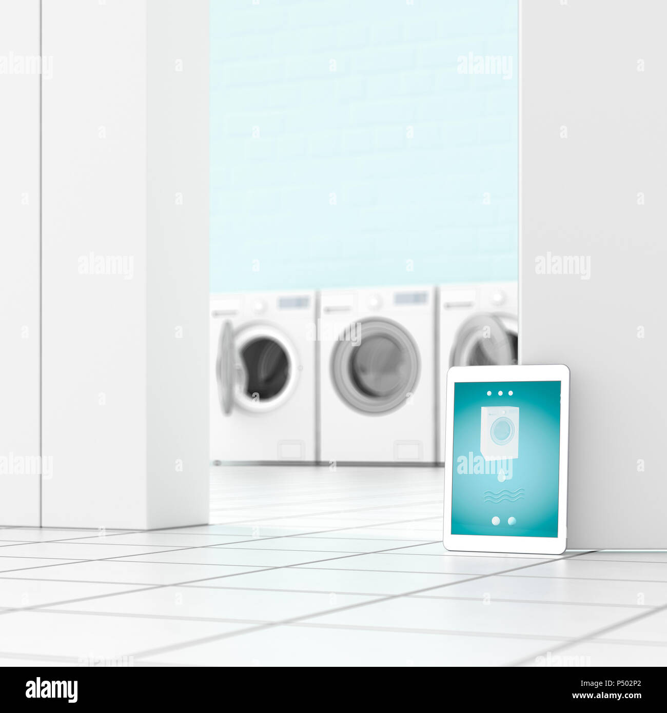 Tablet in der Waschküche, 3D-Rendering Stockfoto