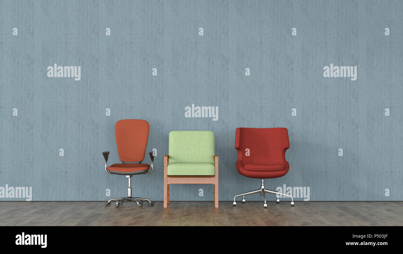 Drei verschiedene Stühle vor der Betonwand, 3D-Rendering Stockfoto